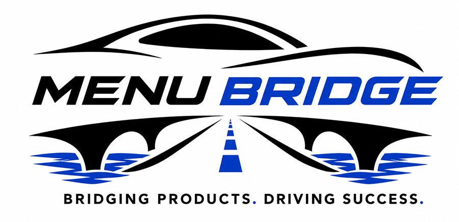 MenuBridge black-and-blue bridge wordmark with the tagline Bridging Products, Driving Success